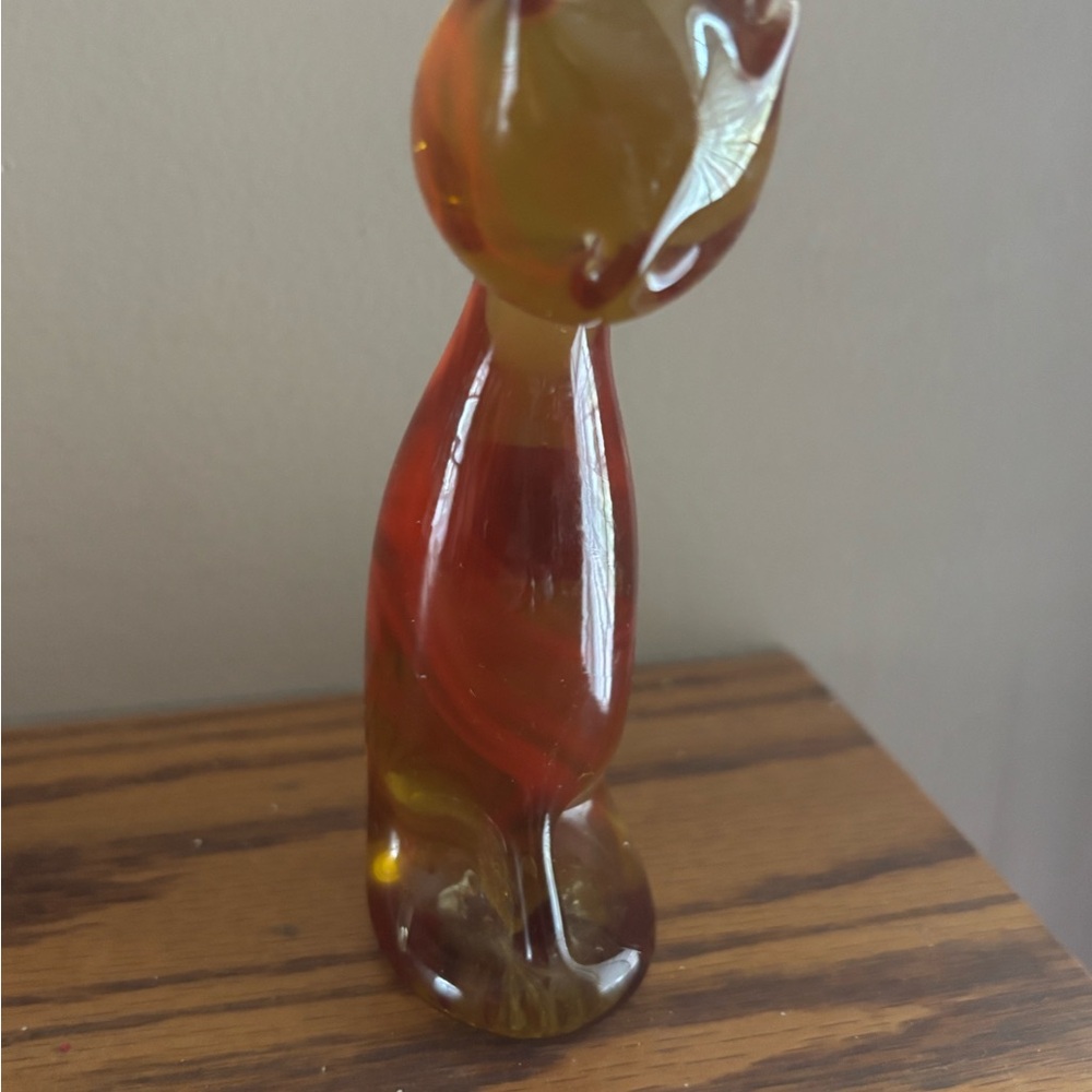 Vintage MCM Hand Blown Hamon Glass Amber w/sticker Sitting Cat Figurine